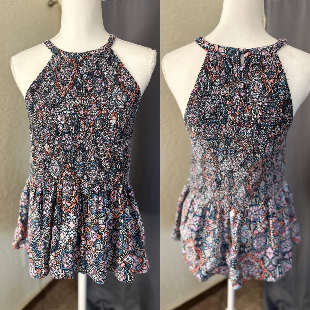 Torrid Halter Smocked Peplum Top 00 M/L Multi Color Paisley‎ Medallion